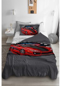 Resim Kırmızı Araba Tek Kişilik Pike (Yastık Kılıflı) 