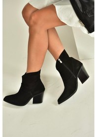 Resim Fox Shoes V654081902 Siyah Hakiki Deri Süet Kalın Topuklu Western Kovboy Kadın Bot Siyah 