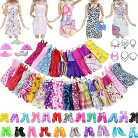 Resim 27-32 Parça Doll Fashionista Kıyafet Seti - Yaratıcı Giydirme için Çeşitli Kıyafetler, Ayakkabılar, Taçlar, Kolyeler ve Takılar İçerir 