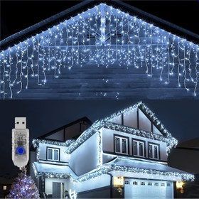 Resim Beyaz Noel Süsü Şelale Işıklı Damlacık Işıklar, USB ile Çalışan Parti Malzemeleri 4m/13ft 90 LED Noel Süsleri Yatak Odası Süsleri Düğün Ev Partisi Noel Çatı Süsleri Işıkları 