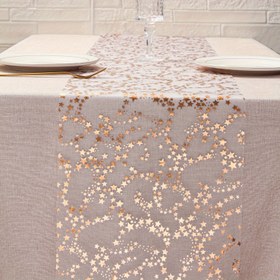 Resim 1 adet Altın Folyo Masörtü 27.94x274.32 cm & 27.94x497.84 cm Yıldızlı Masörtü ile Parıltılı Danteller, Metalik Yıldız Tasarımı, Altın/Pembe Altın/Gümüş, Polyester Kumaş, Noel, Düğün, Doğum Günü, İlkbahar, Yaz, Sonbahar, Kış, Yılbaşı için Festif Masa Dekoru, Güç Gerekmez, Tüy Yok 