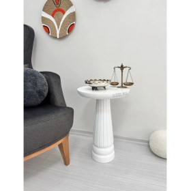 Resim Ahşap Tekli Mantar Yan Sehpa Modern 50 cm Beyaz Renk Fiskos Çiçeklik 