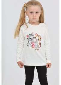 Resim Toontoy Kız Çocuk İkili Kedi Baskılı Sweatshirt Ekru 