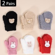 Resim 2 Çift Bebek Kış Eldiveni - Kalın Sıcak Ayı Pençesi & Tavşan Kulaklı Desen, Esnek Örgü Tek Parmak El Diveni (Bilek Kayışsız) 1-3 Yaş İçin, Pembe/Bej/Siyah/Beyaz/Kırmızı 