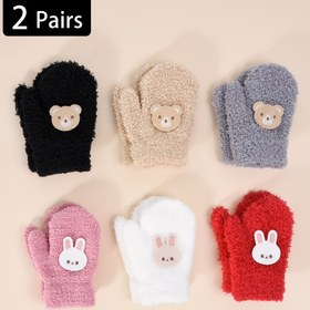 Resim 2 Çift Bebek Kış Eldiveni - Kalın Sıcak Ayı Pençesi & Tavşan Kulaklı Desen, Esnek Örgü Tek Parmak El Diveni (Bilek Kayışsız) 1-3 Yaş İçin, Pembe/Bej/Siyah/Beyaz/Kırmızı 