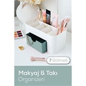 Resim 7 Bölmeli Çekmeceli Makyaj Takı Organizeri - Masaüstü Düzenleyici Mint Şeffaf Vienev