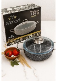 Resim Taş Granit 26 Cm Basık Pilav Tenceresi Yanmaz Yapışmaz, Döküm Granit - Kaliteli Ürün-3 Gri 