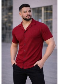 Resim Erkek Waffle Kumaş Kısa Kollu Düğmeli Açık Yaka Regular Fit Gömlek - Kırmızı Kırmızı 