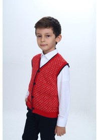 Resim Toontoy Kids Toontoy Erkek Çocuk V Yaka Düğmeli Triko Yelek - Diagonal Desenli Kırmızı 