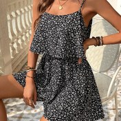 Resim Kadınların Çiçek Desenli Kolsuz Tulumu, Ruffle Etekli - Yazlık Rahat Askılı Tulum, Siyah ve Beyaz Çiçek Desenli, Hafif Polyester Kumaş, Sıcak Hava İçin, Bayanlar Tulumları 