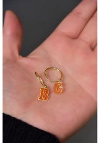 Resim Papatya Silver 925 Ayar Gümüş Gold Kaplama Parlayan Rüya Serisi Tasarım Ebruli Cam Boyalı Harf Halka Küpe 