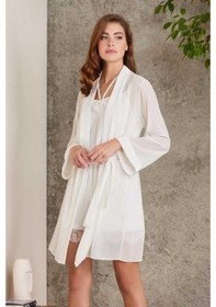 Resim Pierre Cardin Dantelli Kadife Tulum Sabahlık Takım 4800 Ekru 001 