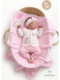 Resim BABYDEN'S Kız Bebek 3’lü Set Pamuklu Jakarlı Fil Baskılı Yelek ,Battaniye ,Saç Bandı 0-3 AY 