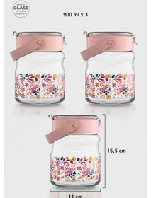 Resim Renga Mono 900 Ml Çiçek Desenli 3'lü Cam Kavanoz Seti 132065 Pembe 