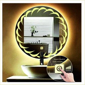 Resim Dnr-Mirror55 Cm Günışığı Ledli Tasarım Kumlamalı Dokunmatik Tuşlu Banyo Aynası Makyaj Aynası Işıklı Ayna 