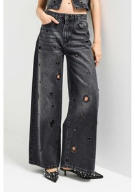 Resim Itsbasic Kadın Koyu Füme 2s6-1 Baggy Fit Kuş Gözü Tasarım Denim Jean 