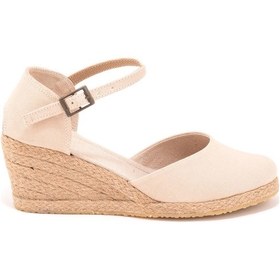 Resim Star Tombis Gerçek Elişi Bej Bilekten Bantlı Topuğu Açık Keten Espadril Dolgu Topuk Handmade Bej 