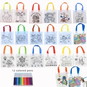 Resim 30 DIY Graffiti Çantaları, 18 Desen + 12 Renkli Kalem, Yeniden Kullanılabilir Karnaval Hayvan Sanatı Parti Hediye Çantaları, Mini Non-Woven Alışveriş Çantaları Hediye ve Depolama için Uygun 