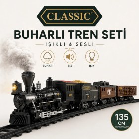 Resim Giffy Işıklı Sesli Buharlı Tren Seti 30 Parça - Gerçek Buhar Efektli, Klasik Lokomotif Oyuncak Tren (135 cm Ray) 
