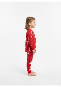 Resim Unisex Kardan Adam Desenli Pijama Takımı Kışlık %100 Pamuk Kırmızı 