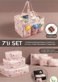 Resim Lüx 7li Set I 6'lı Set Desenli Bavul Valiz Içi Çok Amaçlı Organizer I Taşınabilir Bakım Çantası 2 Li Set Pembe 
