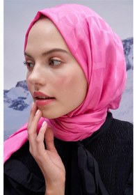 Resim Carell Yazı Desen Jakar İtalyan İpekli Şal Koyu Pembe Çok Renkli 