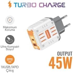 Resim Casper Via L20/L30/L40 ile Uyumlu 45W Turbo Hızlı Şarj Adaptörü, PD+USB Çıkışlı, Beyaz 