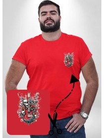 Resim Angemiel Gitar Kafatası Güller Doğa Uyumu Kırmızı Büyük Beden Kadın Basic Minimal Baskılı Tişört Kırmızı 