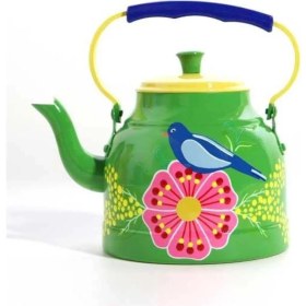 Resim Mediterian El Boyama Emaye Demlik, Yeşil Kuş Desenli, Sıcak ve Şık Alüminyum 1L 