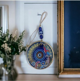 Resim Yaldızlı Bülbül Kuşlu Çicekli Nazar Boncuklu Duvar Süsü Camlı Duvar Dekoru 