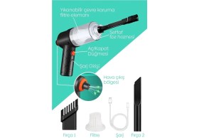 Resim Mini Vakumlu Araç-Ev-Ofis Süpürgesi El Süpürgesi Şarjlı Çok Fonksiyonlu 3 Başlıklı Mini Süpürge 