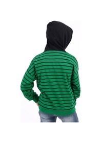 Resim Toontoy Kids Toontoy Erkek Çocuk Oversize Kapüşonlu Düşük Omuz Baskılı Çizgili Sweatshirt - Garni Detaylı & 2 İplik Çimen Yeşili 