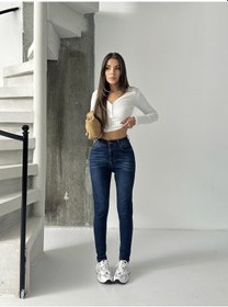 Resim Kadın Bıyık İşlemli Kot Dar Paça Jeans Lacivert 
