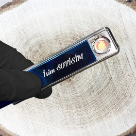 Resim Mobgift Kişiye Özel Elektronik/tungsten Tesla Çakmak Aşağı Kaydırmalı USB Şarjlı (Parlement Mavisi - Gümüş) 