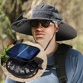 Resim Yazlık Erkek ve Kadınlar için Geniş Kenarlı Güneş Şapkası, 2 Solar Fanlı, 6-9 Saat Pil Ömrü, 800mAh (mAh) Güçlü Rüzgar Gücü, Balık Tutma ve Yürüyüş İçin Unisex Kova Şapka, Dahili Fanlı Kamp Kepi 