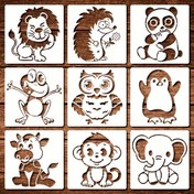 Resim 9 adet yeniden kullanılabilir sevimli hayvan boyama şablonları, DIY sanat el işleri için uygun, 5.9 inç dayanıklı aslan, fil, panda, maymun şablonları, plastik çizim şablonları 