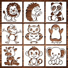 Resim 9 adet yeniden kullanılabilir sevimli hayvan boyama şablonları, DIY sanat el işleri için uygun, 5.9 inç dayanıklı aslan, fil, panda, maymun şablonları, plastik çizim şablonları 