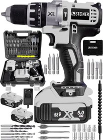 Resim Steiner XR 58 V 5 Ah Darbeli Li-ion Çift Akülü Şarjlı Vidalama Matkap + 30 Parça Usta Seti 