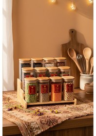 Resim Snippy Lunver - 12'li Ahşap Standlı Vakumlu Etiketli Akrilik Saklama Kabı Baharatlık Seti 350 Ml Ahşap 