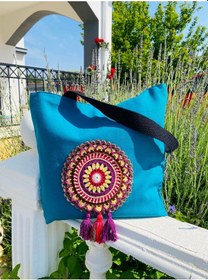 Resim Handream Püsküllü Mandala Bez Omuz Çantası Mavi 