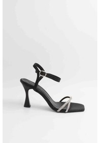 Resim Feles Kadeh Topuk Tek Bant Taşlı Abiye Kadın Topuklu Ayakkabı Siyah 