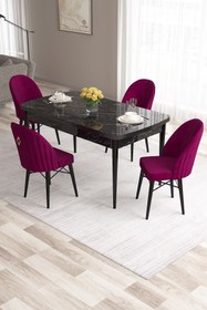 Resim Canisa Roz Serisi 80x132 Mdf Açılabilir Siyah Mermer Desen Masası Takımı 4 Mürdüm Sandalye 