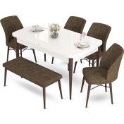 Resim Canisa Concept Aya Serisi 80 x 132 cm Beyaz Masa Ceviz Ayak Mutfak Masa Takımı 4 Sandalye 1 Bench 