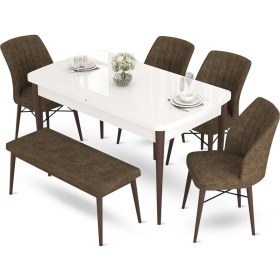 Resim Canisa Concept Aya Serisi 80 x 132 cm Beyaz Masa Ceviz Ayak Mutfak Masa Takımı 4 Sandalye 1 Bench 