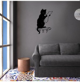 Resim Folyo Sticker Gazete Okuyan Kedi 70cm Uzunluk Siyah 