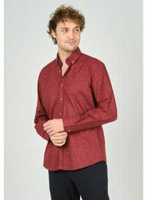 Resim De Leone Erkek Slim Fit Desenli Uzun Kollu %100 Pamuk Gömlek 2045 Kırmızı Kırmızı 