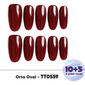 Resim 15'li Kırmızı Kısa Oval Tt0559 Tekrar Kullanılabilir El Yapımı Protez Takma Tırnak Xs 