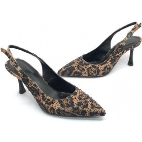 Resim Feles Taş Detaylı Arkası Açık Stiletto Kadın Topuklu Ayakkabı Leopar 