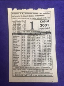 Resim 1 Kasım 2001 Takvim Yaprağı - Nostalji Koleksiyonluk Takvim Yaprağı 