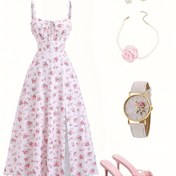Resim Elegant Floral Long Sleeveless Midi Elbise Yan Yırtık ile - Omuz Üstü, Çiçek Baskı, Kadınlar için Fit ve Flare Tasarımı, Bahar/Yaz için Mükemmel, Çok Yönlü Moda | Çiçek Baskılı Elbise | Polyester Kumaş 